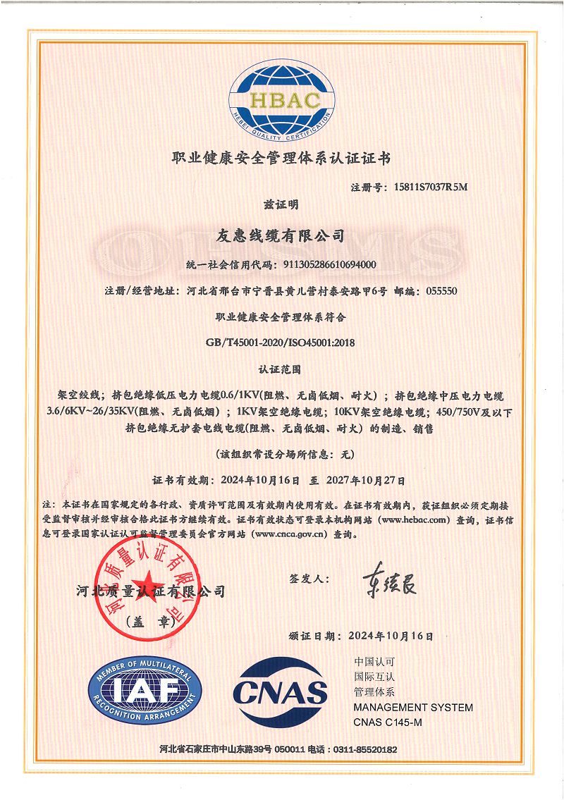 职业健康安全管理体系认证证书